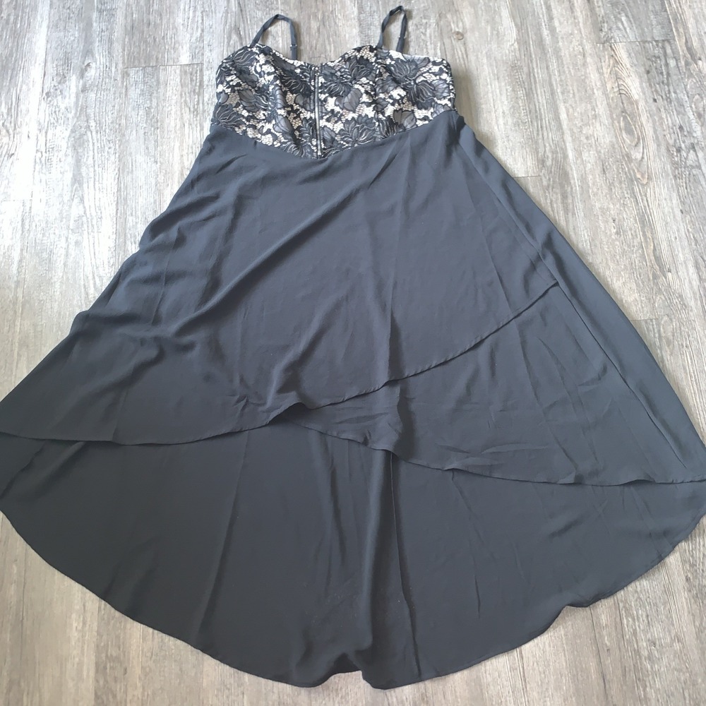 Rose Gal Black Lace Floral Stretch Nightgown Dress Size 1X High Low Zipper Front